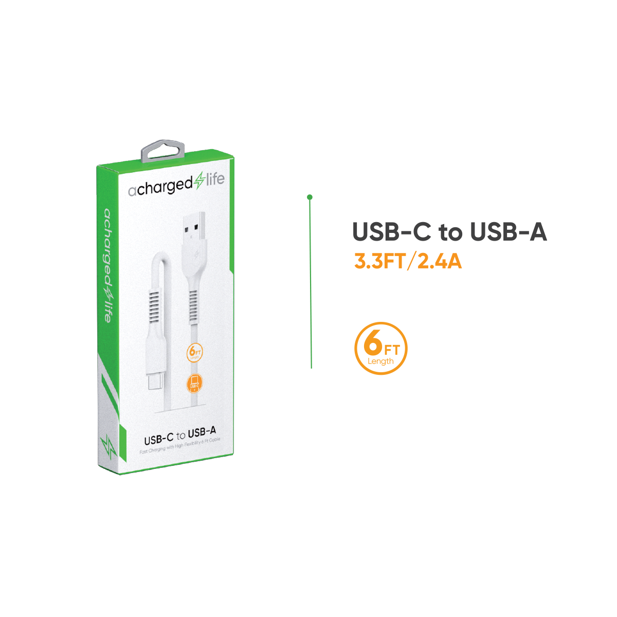 CL102 - A Charged Life Charging Cable USB-C 6Ft White