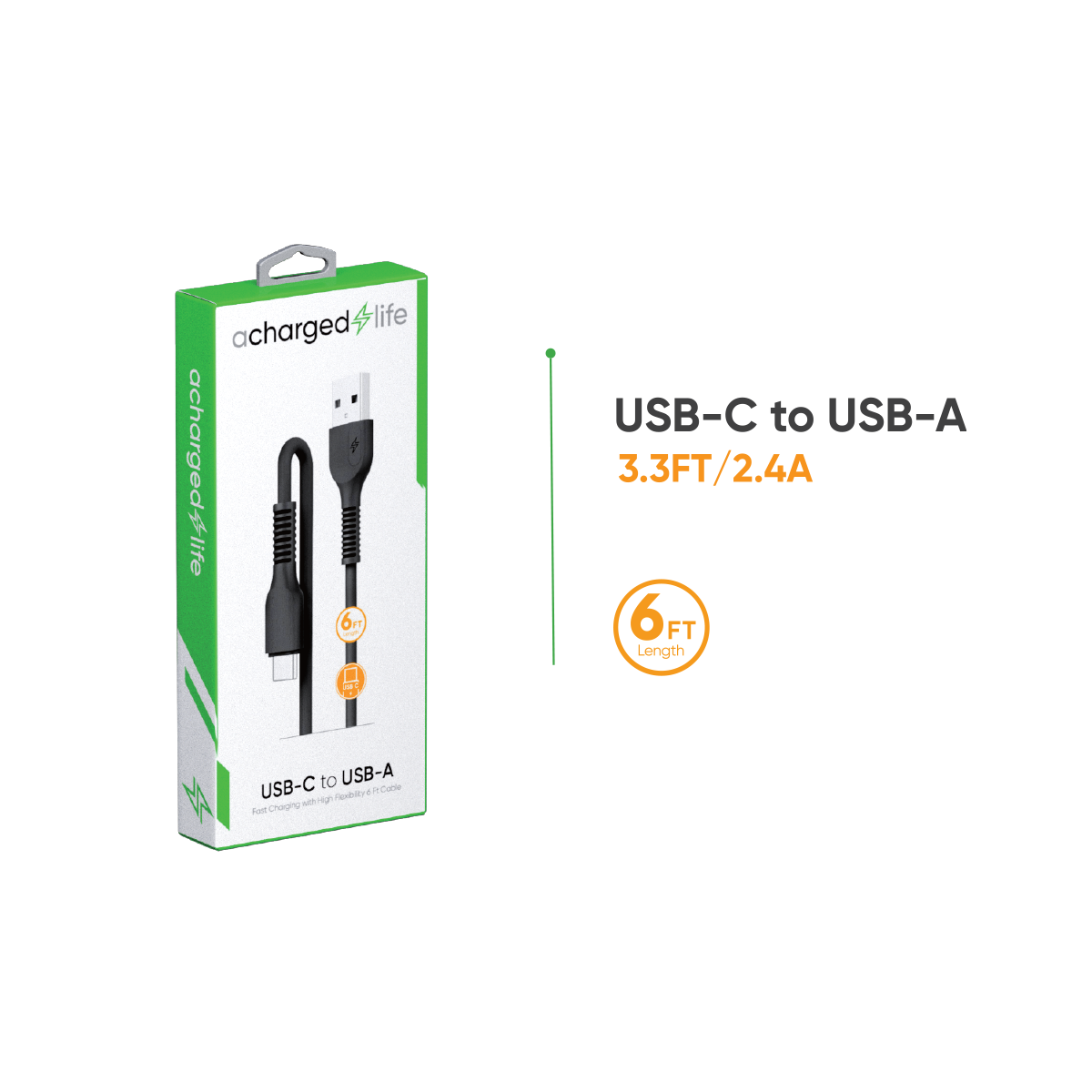 CL102B - A Charged Life Charging Cable USB-C 6Ft Black