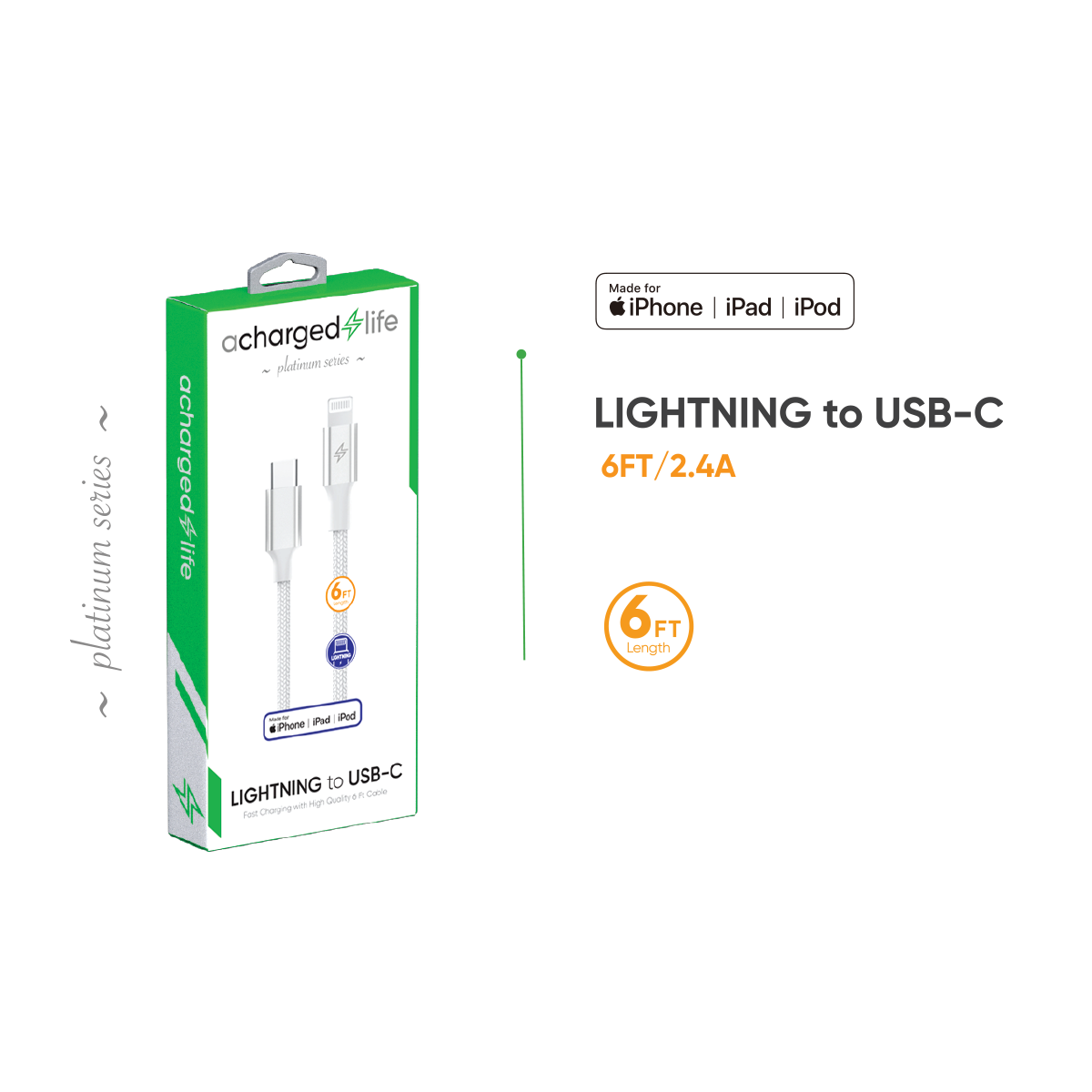 Charging Cable USB-C to Lightning 6Ft (MFI) White