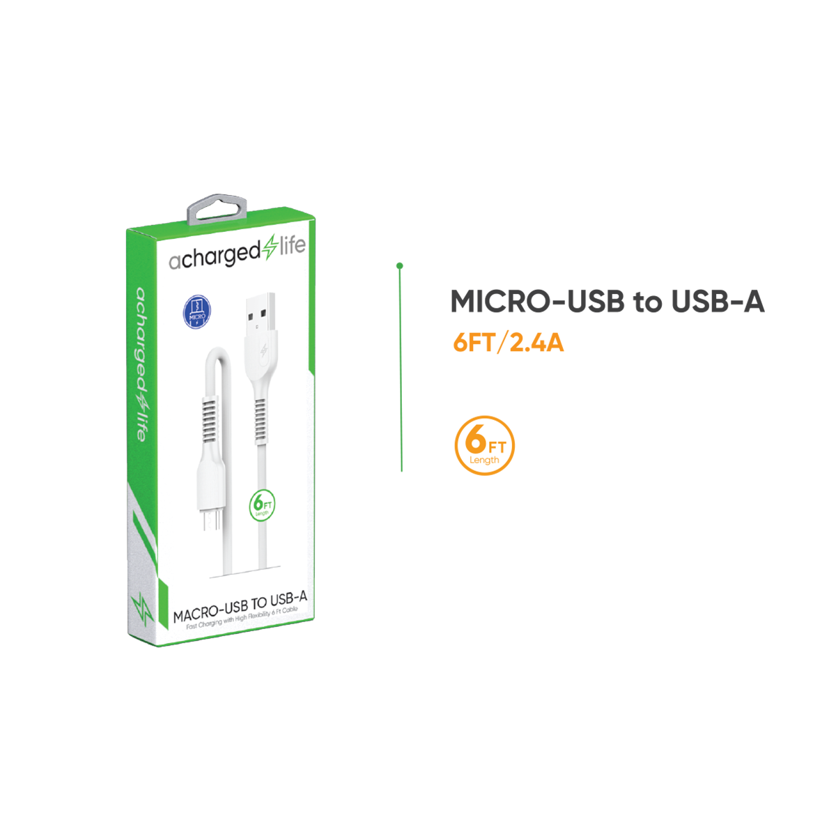 CL104 - A Charged Life Charging Cable Micro USB 6Ft White