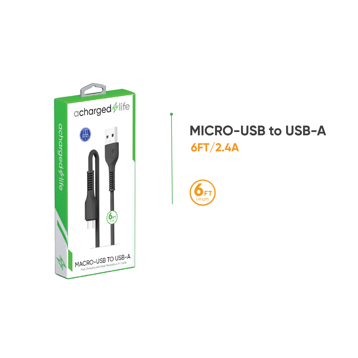 CL104B - A Charged Life Charging Cable Micro USB 6Ft Black
