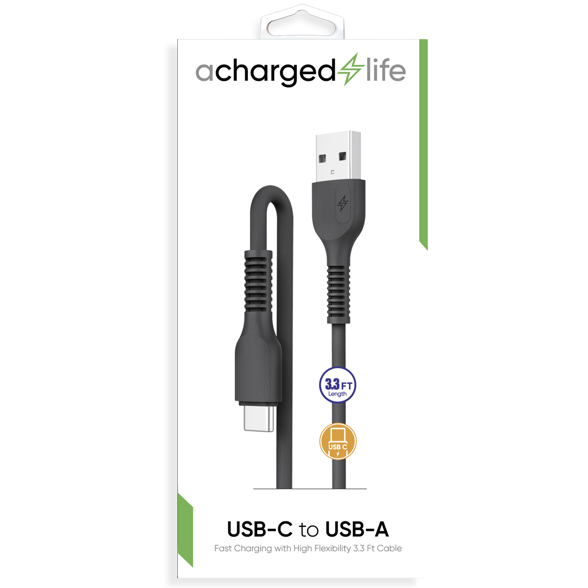 CL109B - A Charged Life Charging Cable USB-C 3.3Ft Black