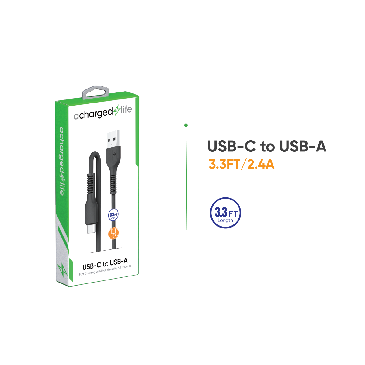 CL109B - A Charged Life Charging Cable USB-C 3.3Ft Black
