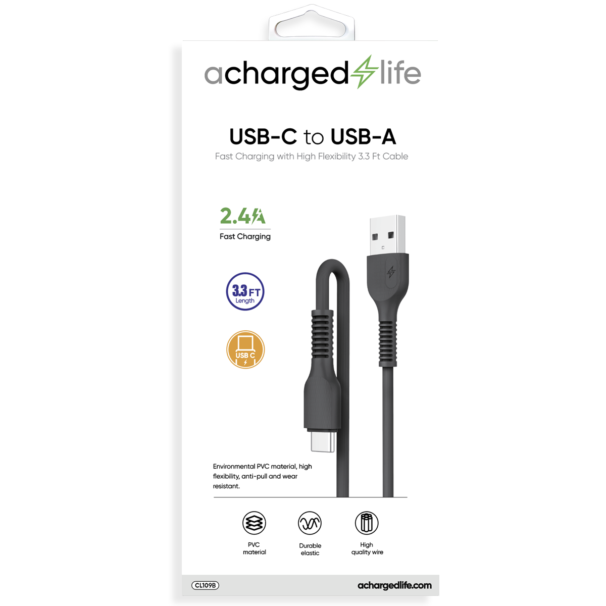 CL109B - A Charged Life Charging Cable USB-C 3.3Ft Black