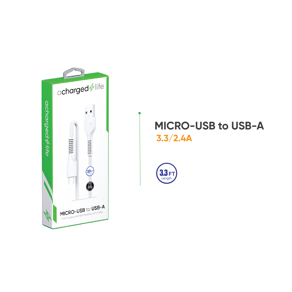 CL110 - A Charged Life Charging Cable Micro USB 3.3Ft White