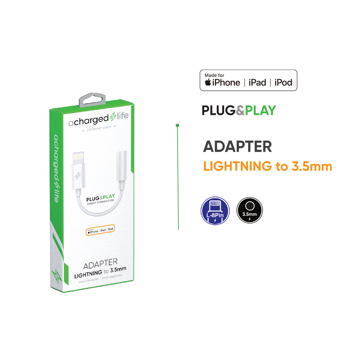 CL111 - A Charged Life Adapter Lightning to 3.5mm Audio White