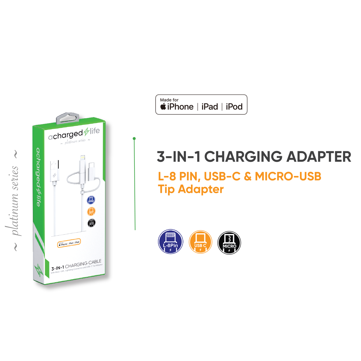 CL112 - A Charged Life 3-in-1 Cable 3.3Ft White (CL203)