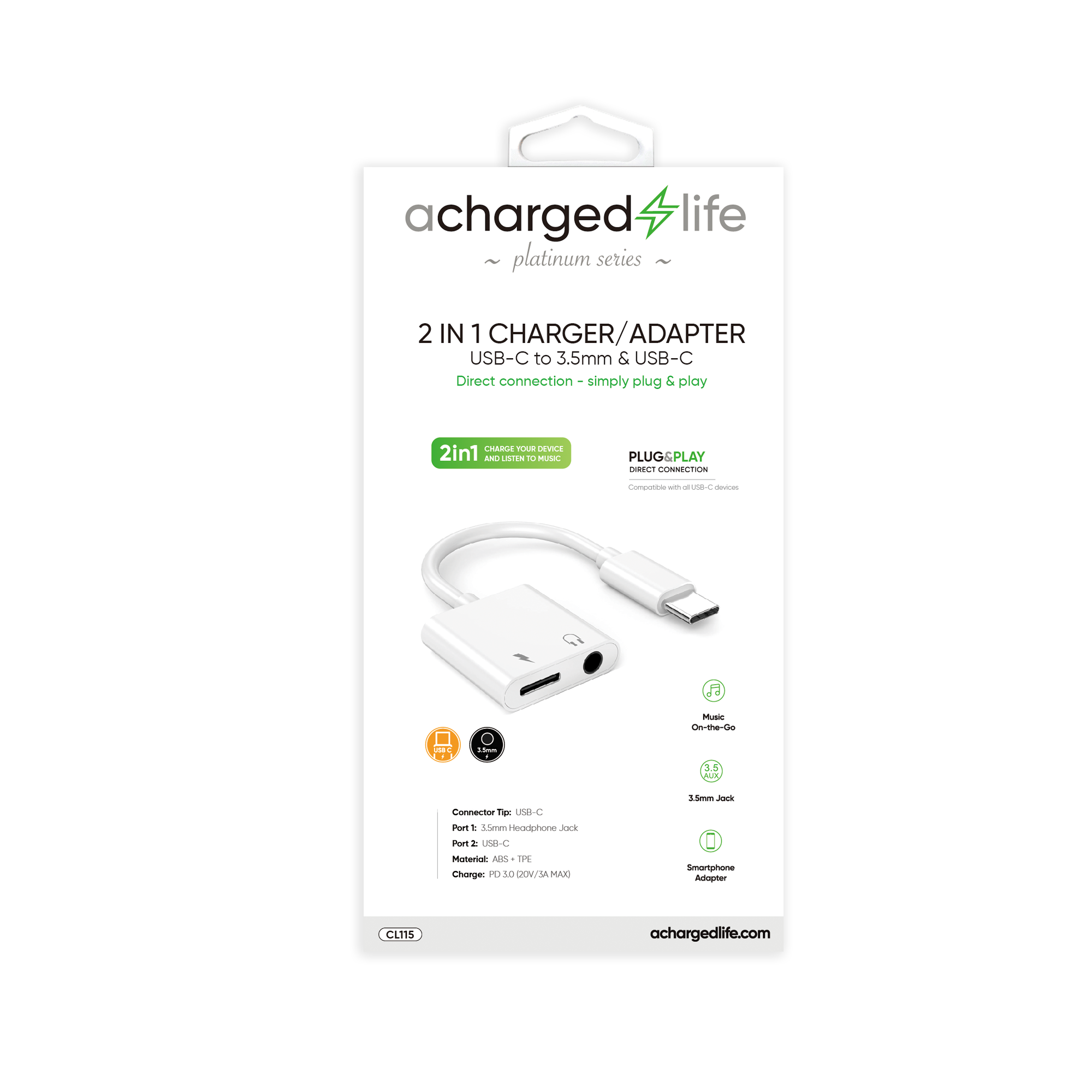 CL115 - A Charged Life Adapter Audio USB-C to 3.5mm & USB-C