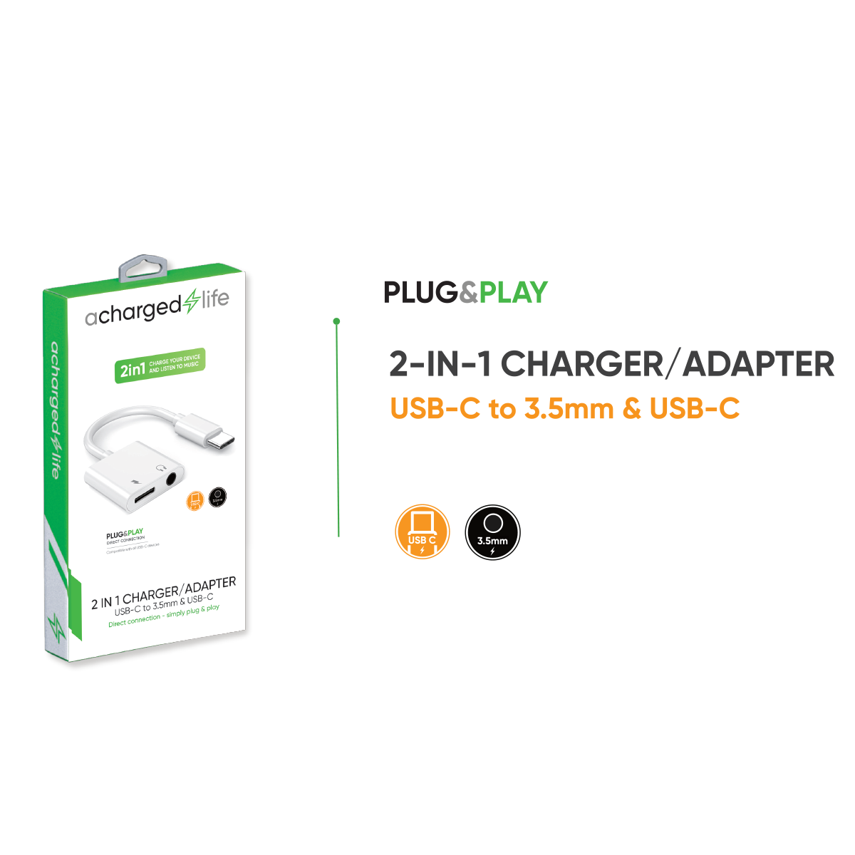 CL115 - A Charged Life Adapter Audio USB-C to 3.5mm & USB-C