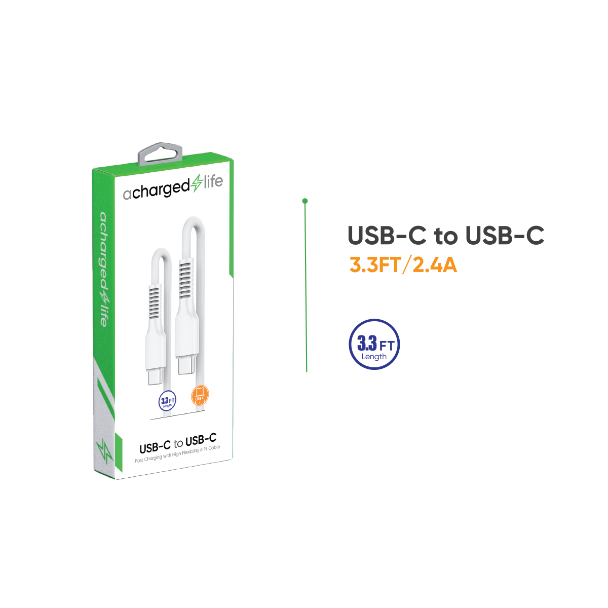 CL120 - A Charged Life Charging Cable USB-C to USB-C White 3.3Ft