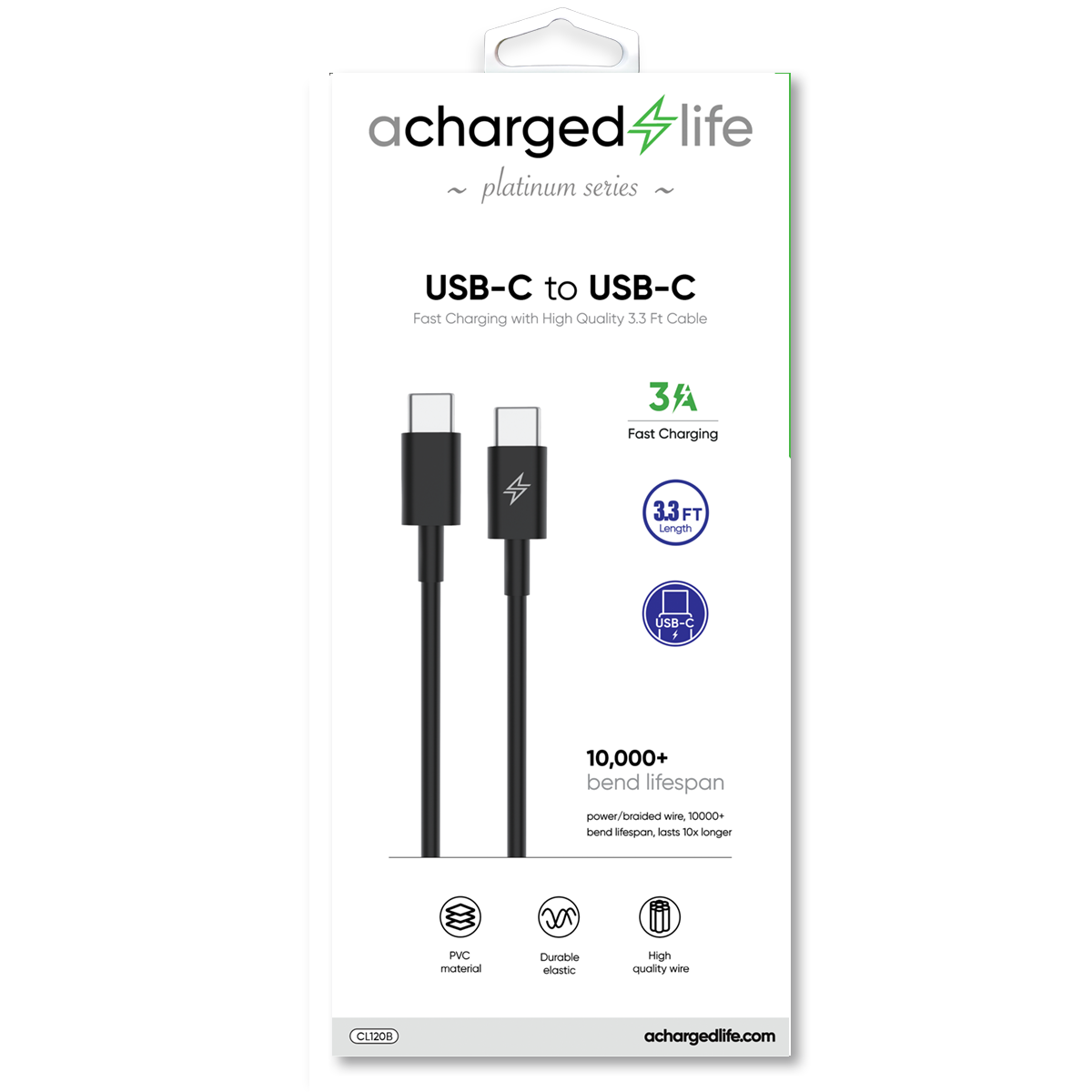 CL120B - A Charged Life Charging Cable USB-C to USB-C Black 3.3Ft