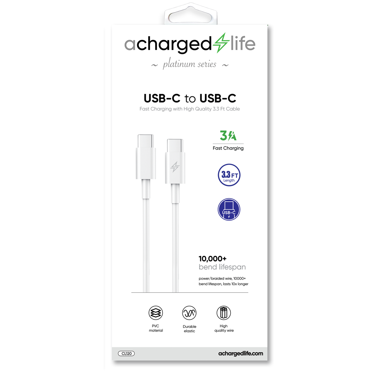 CL120 - A Charged Life Charging Cable USB-C to USB-C White 3.3Ft