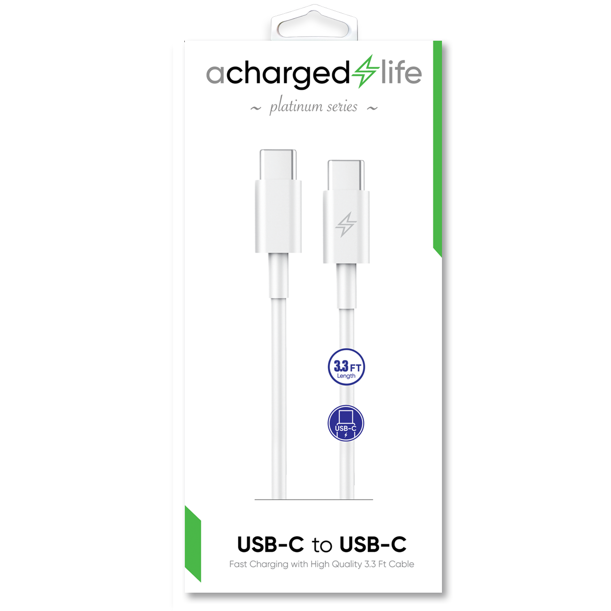 CL120 - A Charged Life Charging Cable USB-C to USB-C White 3.3Ft