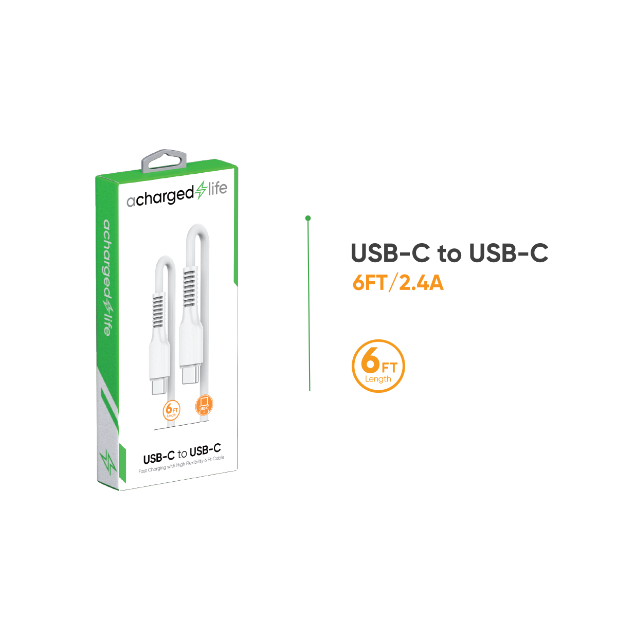 CL121 - A Charged Life Charging Cable USB-C to USB-C White 6Ft