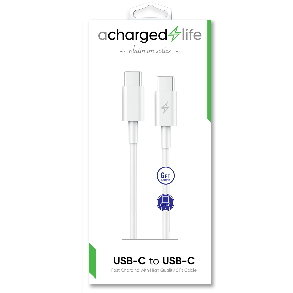 CL121 - A Charged Life Charging Cable USB-C to USB-C White 6Ft