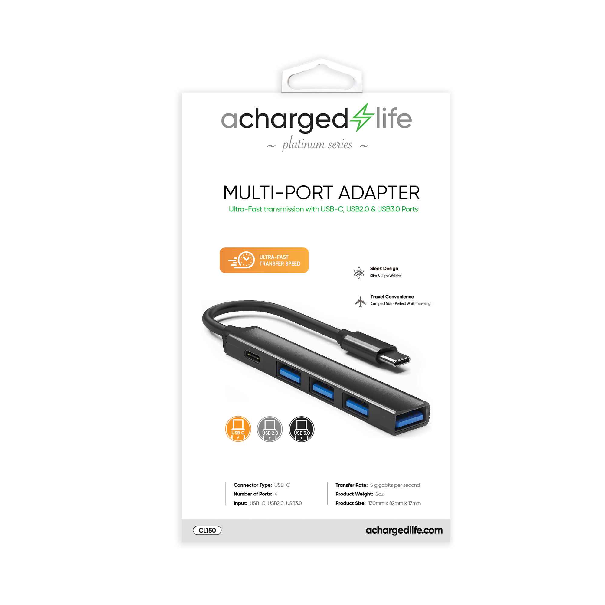 CL150 - A Charged Life Adapter Multi Hub USB-C (3x USB 2.0, 1x USB 3.0, 1x USB-C)