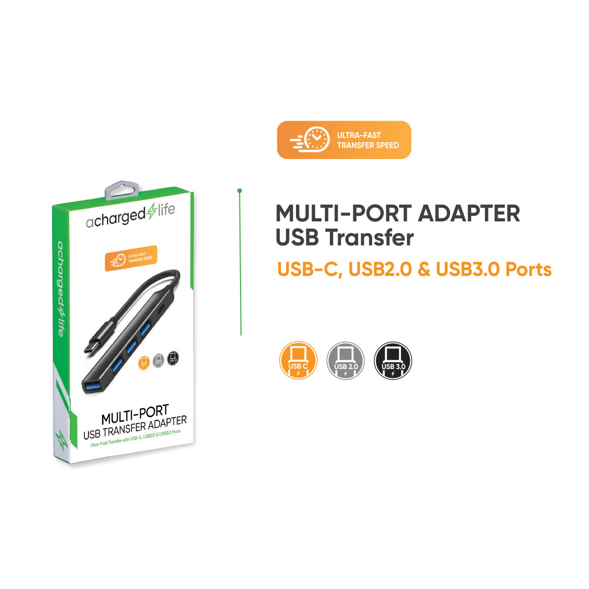 CL150 - A Charged Life Adapter Multi Hub USB-C (3x USB 2.0, 1x USB 3.0, 1x USB-C)