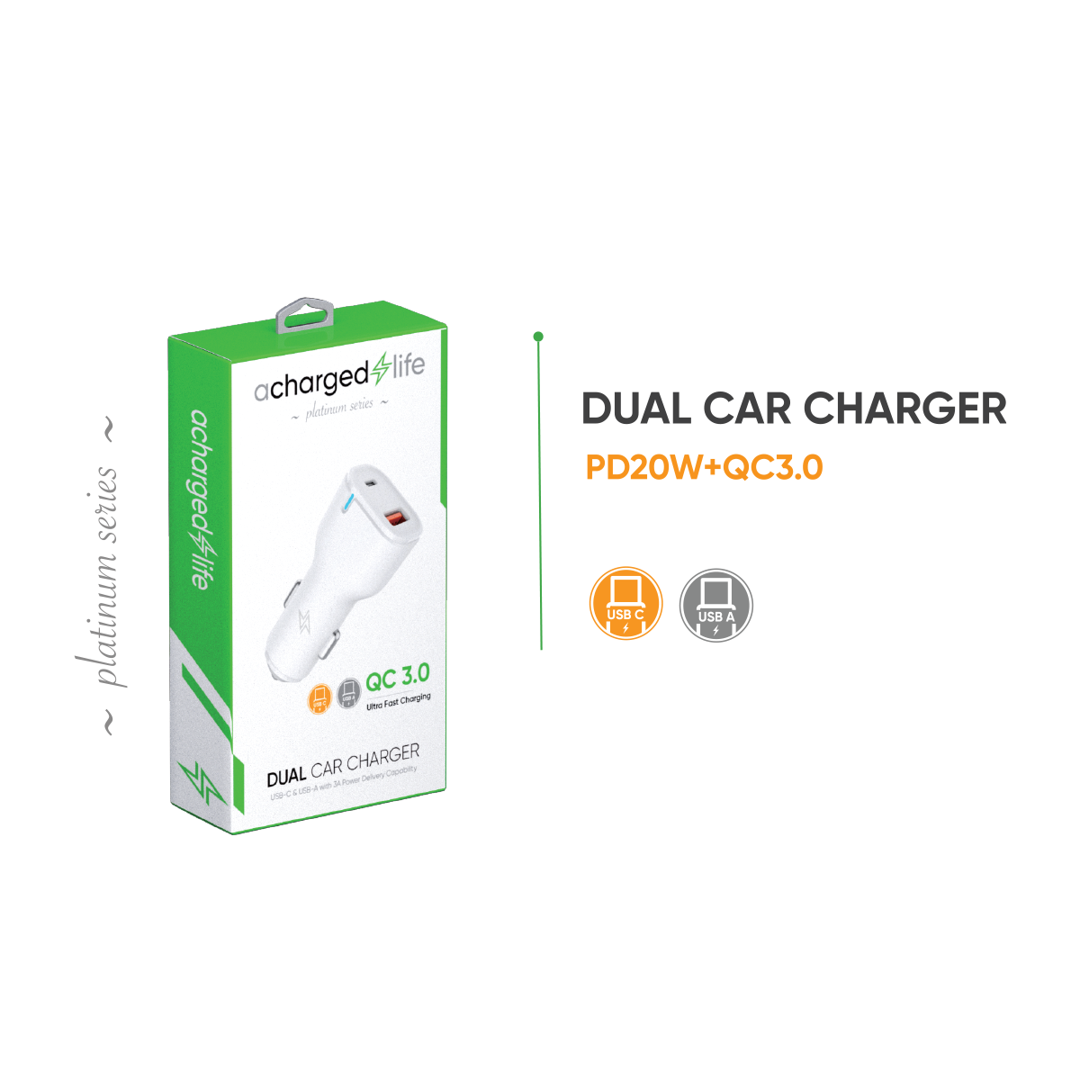 CL205 - A Charged Life Car Charger 20W PD Dual USB-A/USB-C Port White