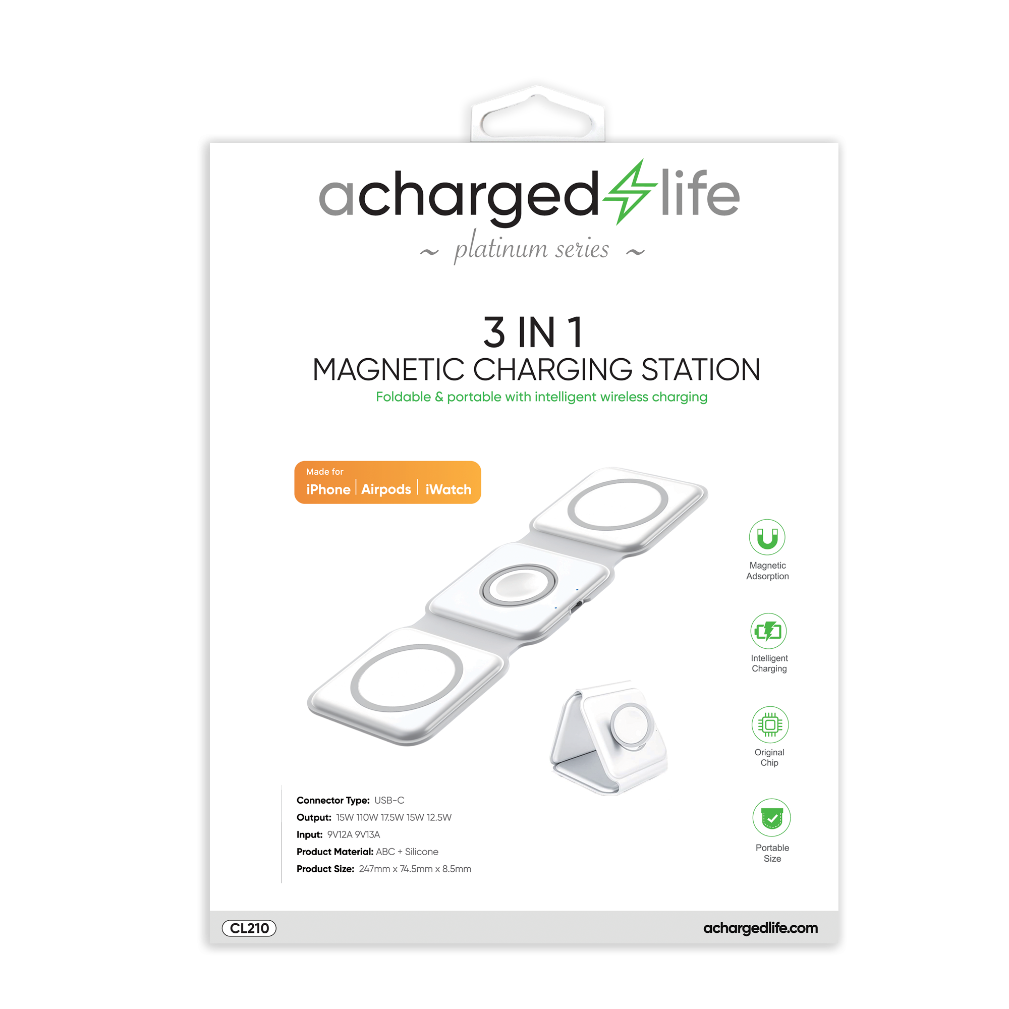 CL210 - A Charged Life iPhone, iWatch, EarPods Tri-fold Charger