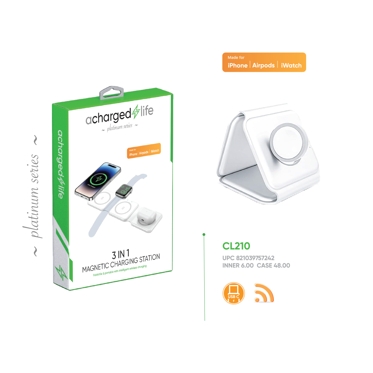 CL210 - A Charged Life iPhone, iWatch, EarPods Tri-fold Charger