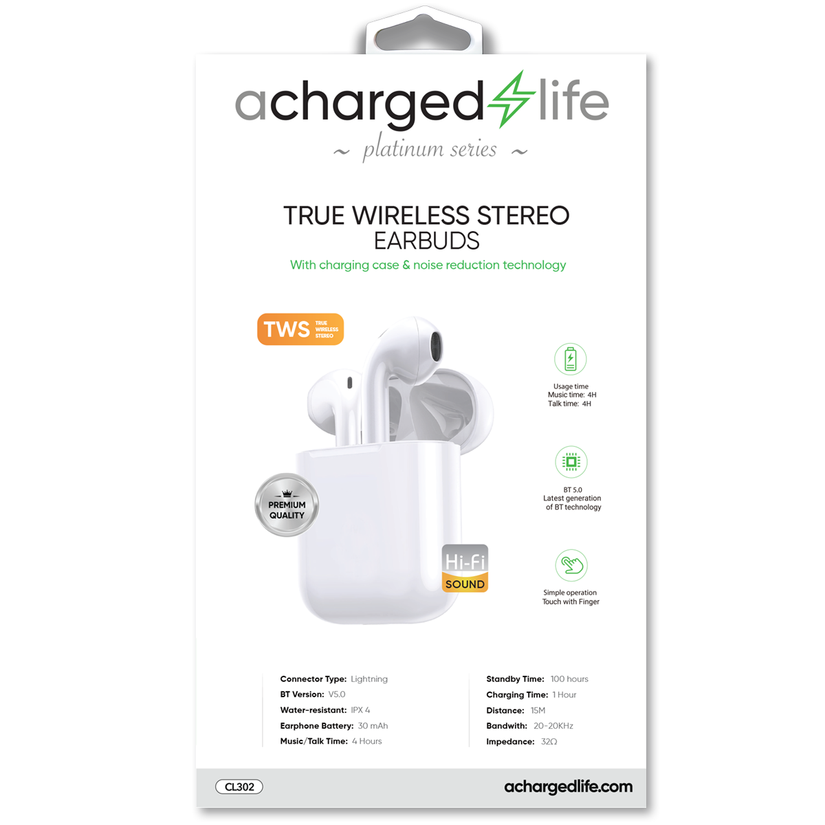 CL302 - A Charged Life TWS Water-Resistant Earphones White
