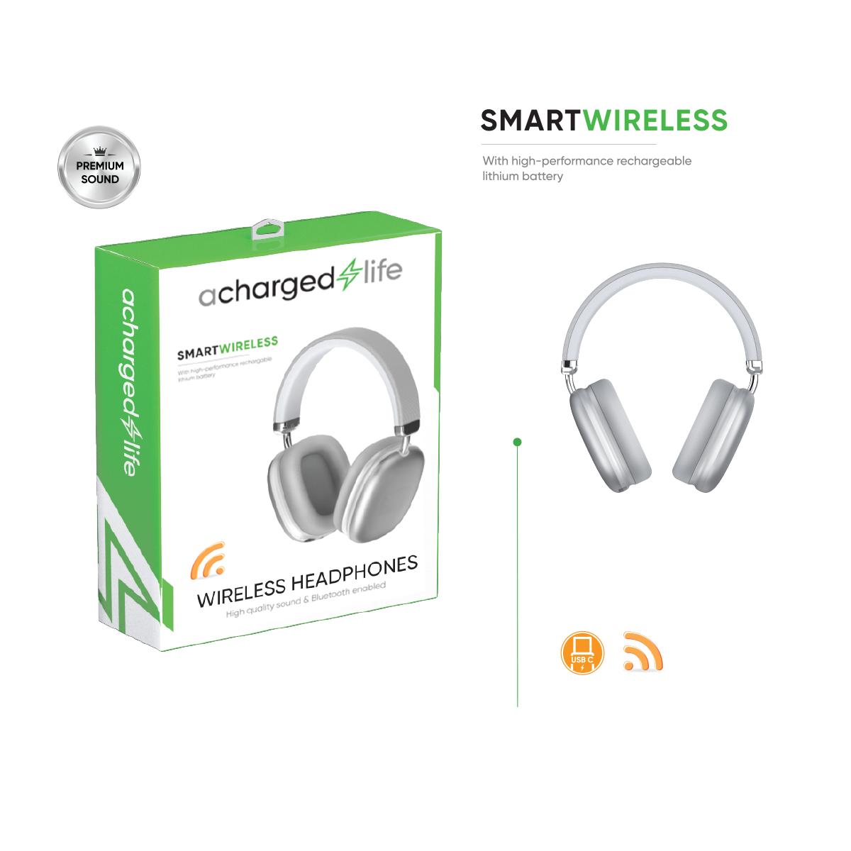 CL303 - A Charged Life Headphones Stereo Wireless - Grey