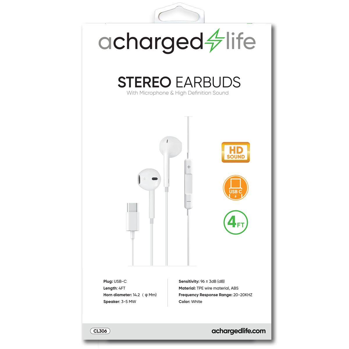 CL306 - A Charged Life Earbuds Wired USB-C w/Built-in Mic 4Ft White