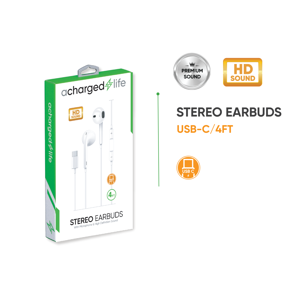 CL306 - A Charged Life Earbuds Wired USB-C w/Built-in Mic 4Ft White