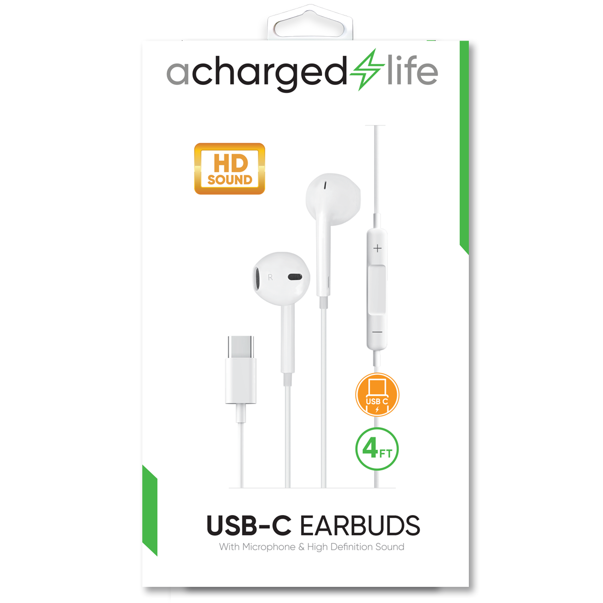 CL306 - A Charged Life Earbuds Wired USB-C w/Built-in Mic 4Ft White