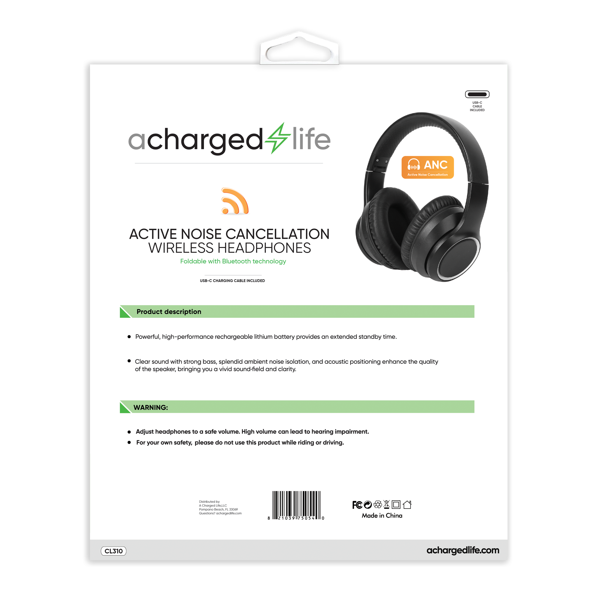CL310 - A Charged Life Headphones Stereo Wireless - Black ANC (Bose Type)