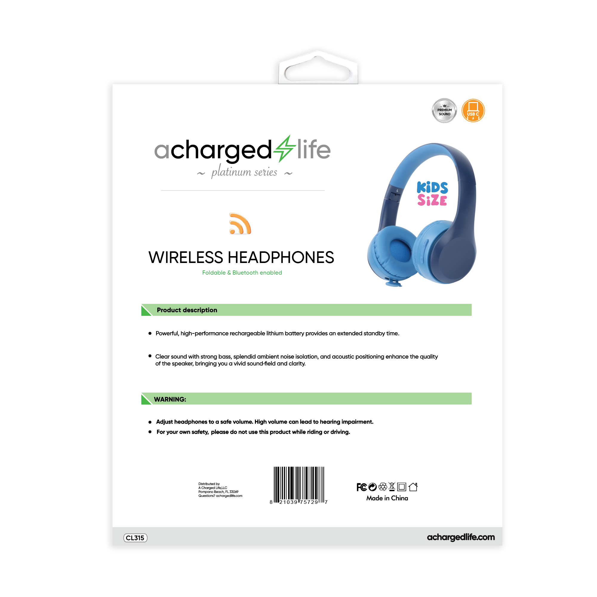CL315 - A Charged Life Headphones Stereo Wireless Kids - Blue
