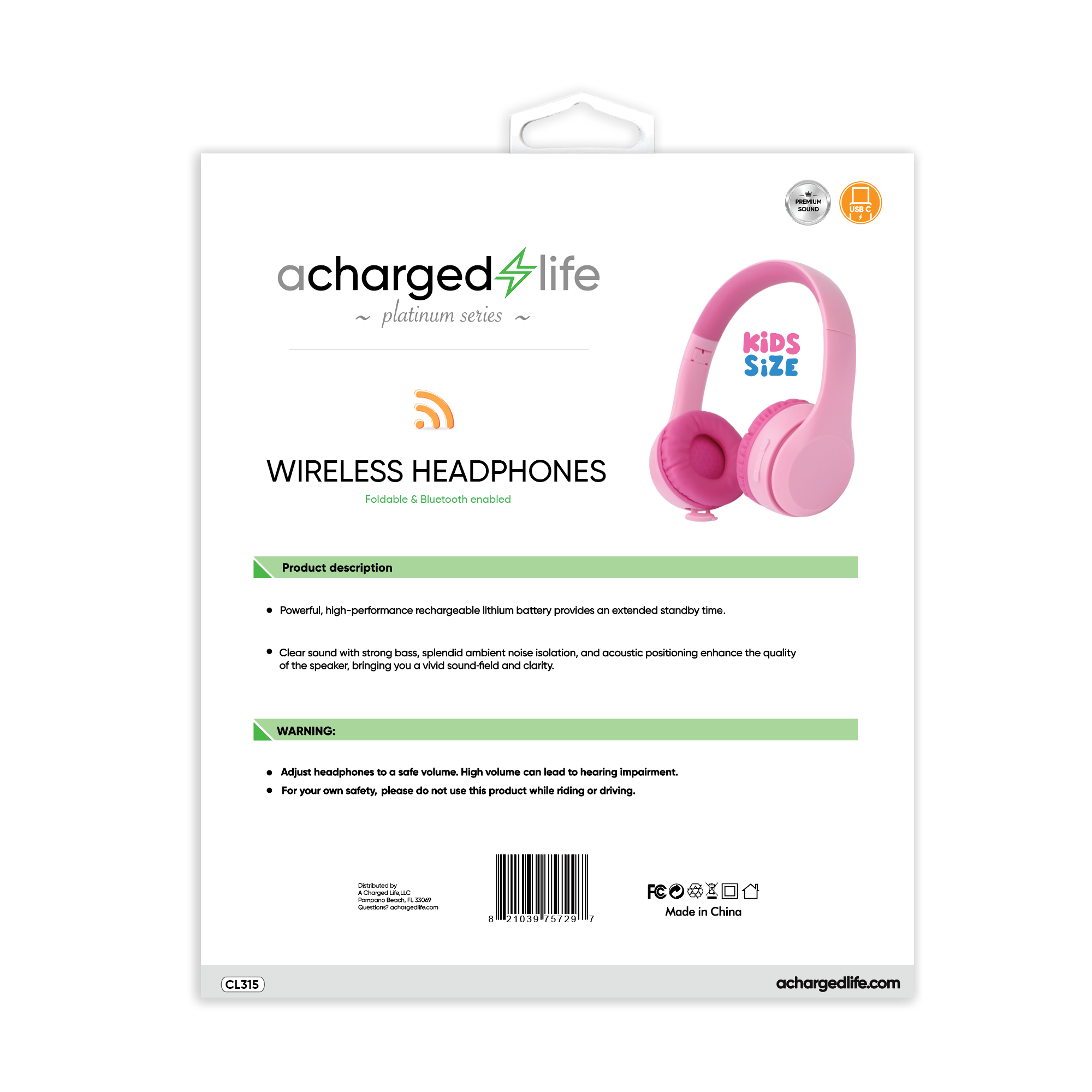 CL316 - A Charged Life Headphones Stereo Wireless Kids - Pink