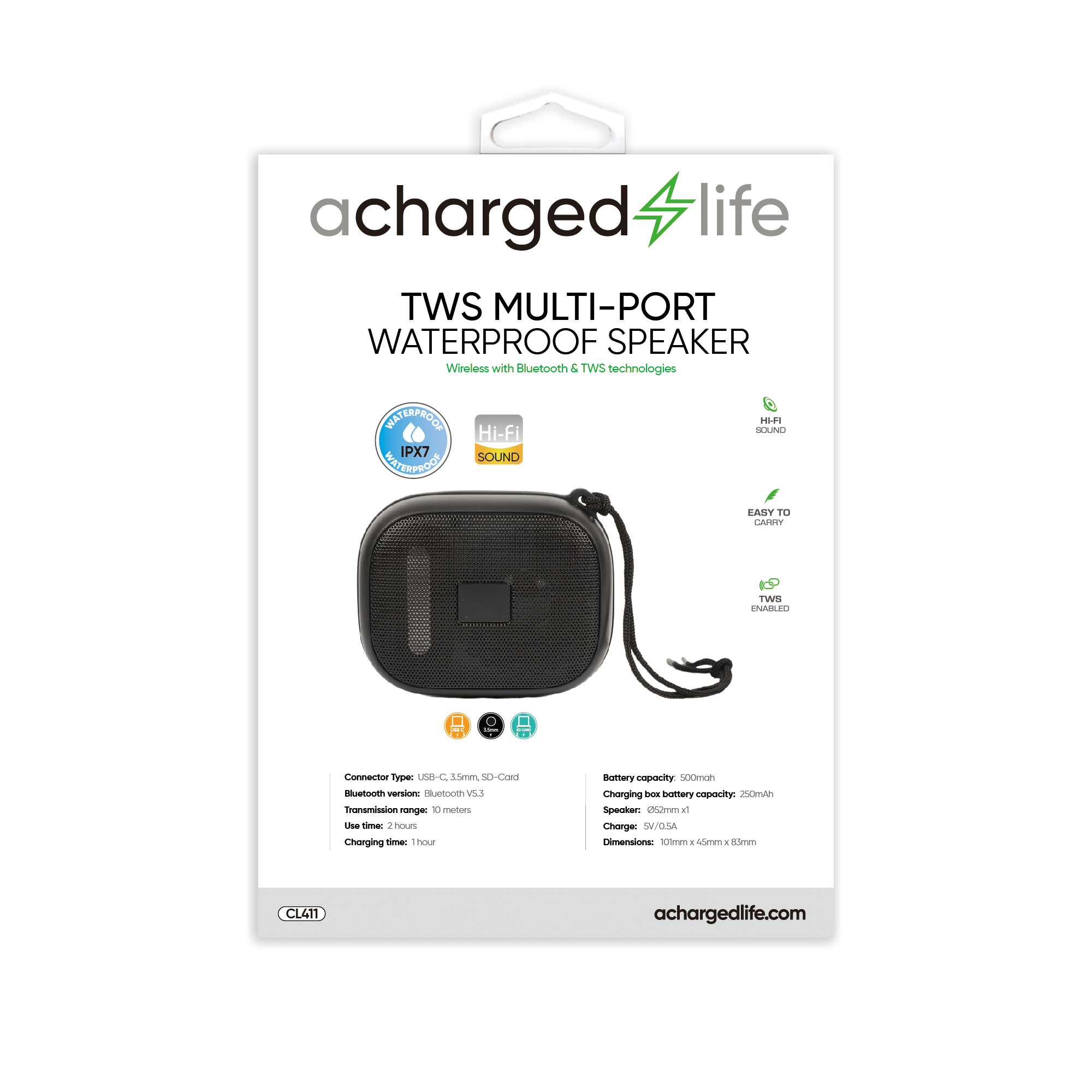 CL411 - A Charged Life Speaker Rectangle IPX7
