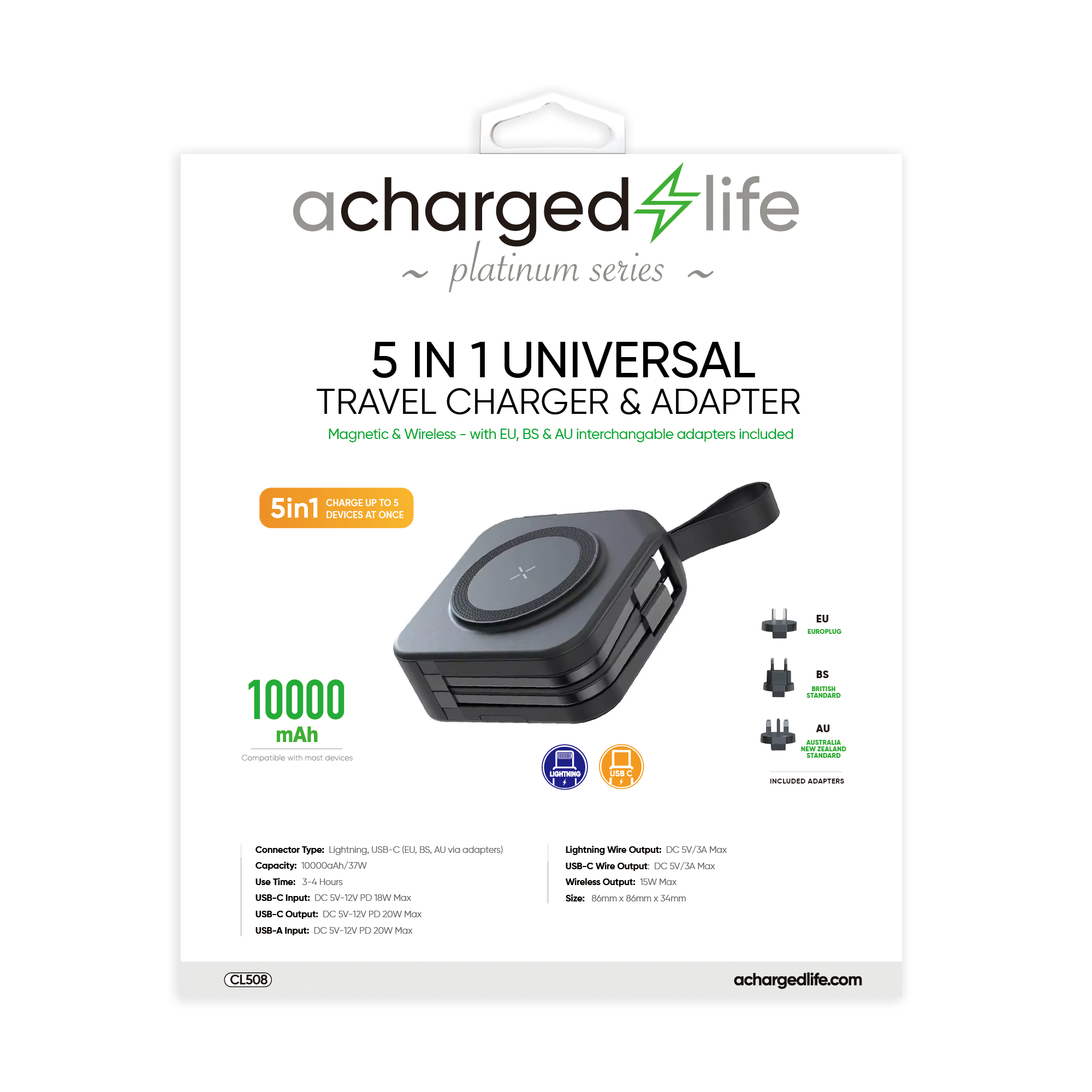 CL508 - A Charged Life Power Bank 10000mAh & 5 in 1 Adapter