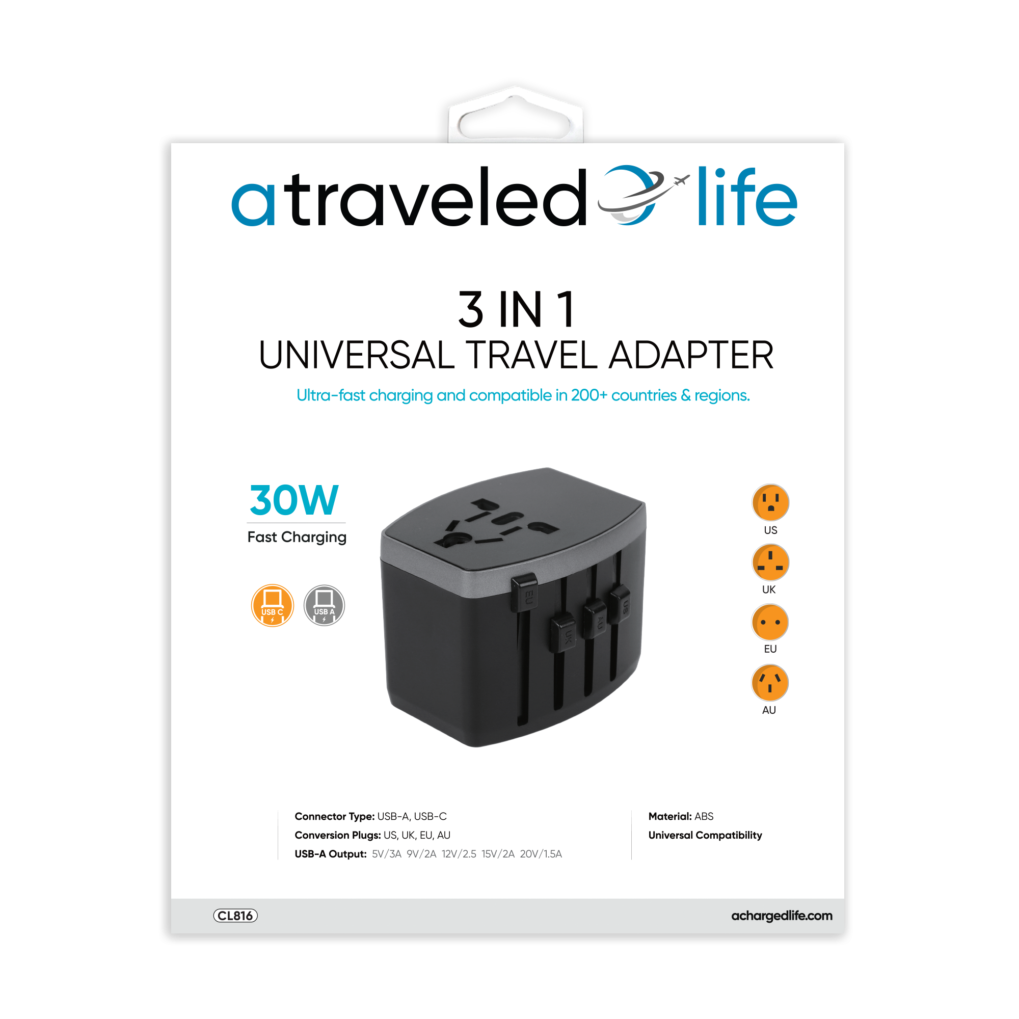 CL816- A Traveled Life Travel Adapter PD 30W - 1 USBA / 1 USBC