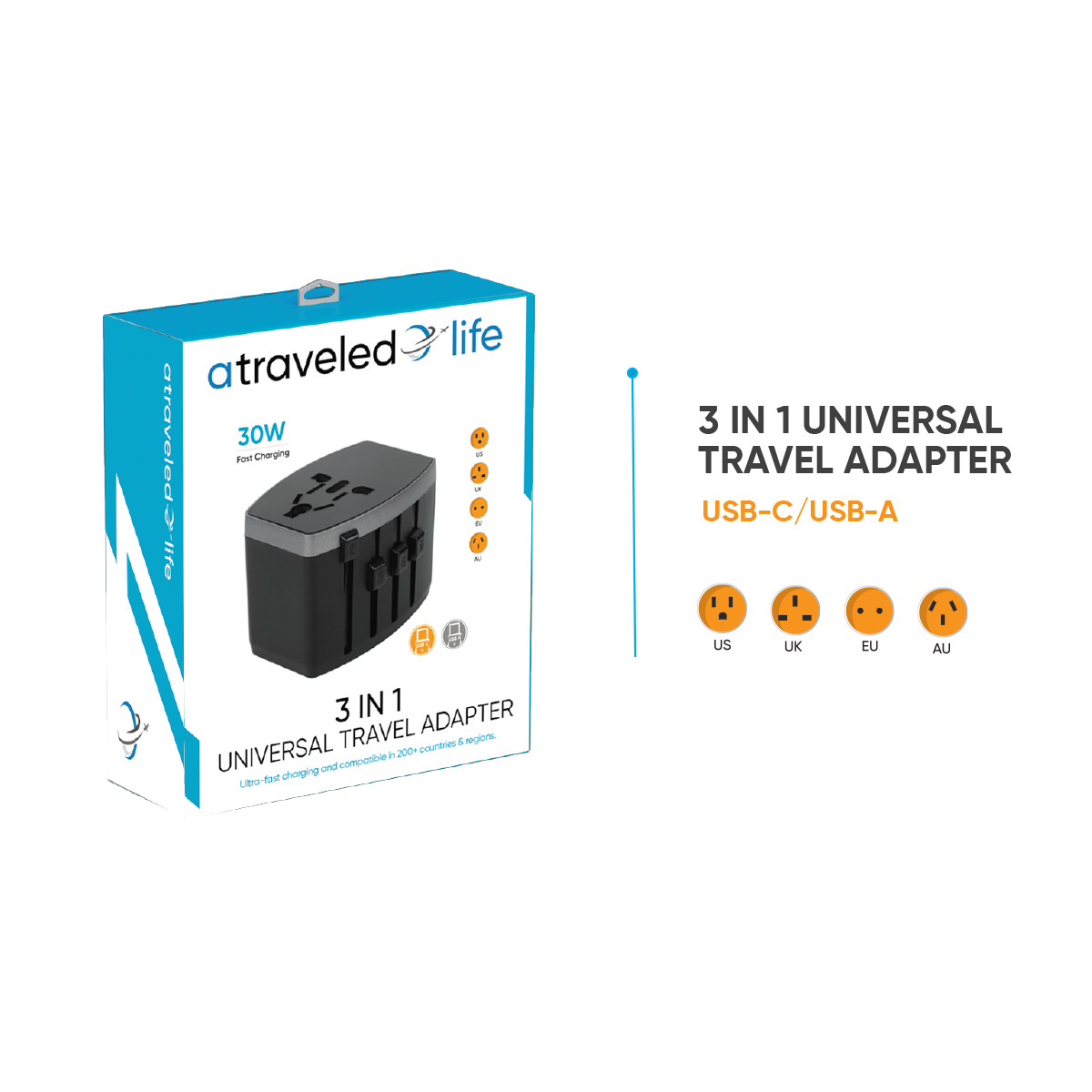 CL816- A Traveled Life Travel Adapter PD 30W - 1 USBA / 1 USBC