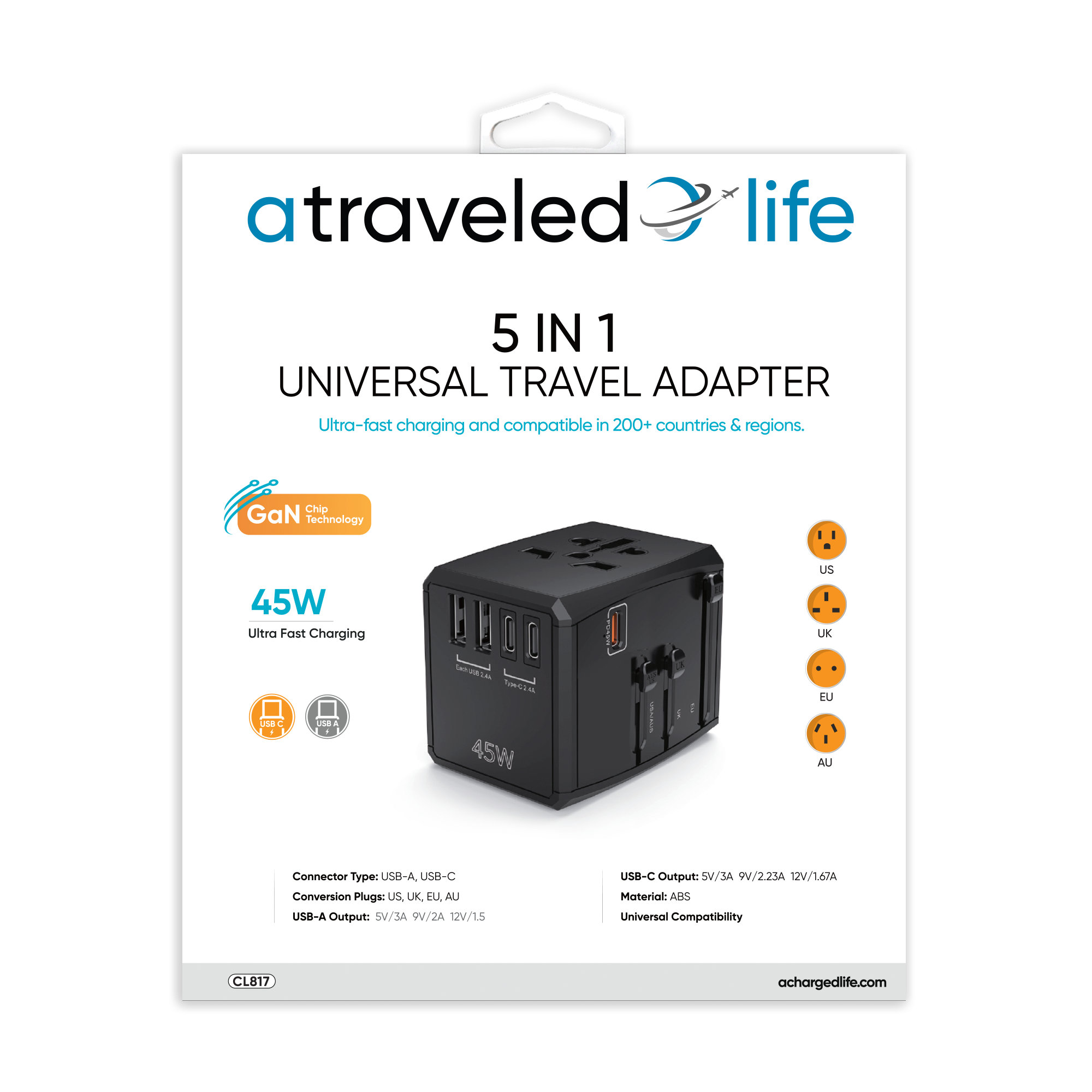 CL817- A Traveled Life Travel Adapter PD 45W - 2 USBA / 2 USBC