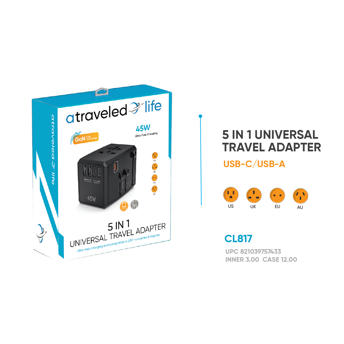 CL817- A Traveled Life Travel Adapter PD 45W - 2 USBA / 2 USBC