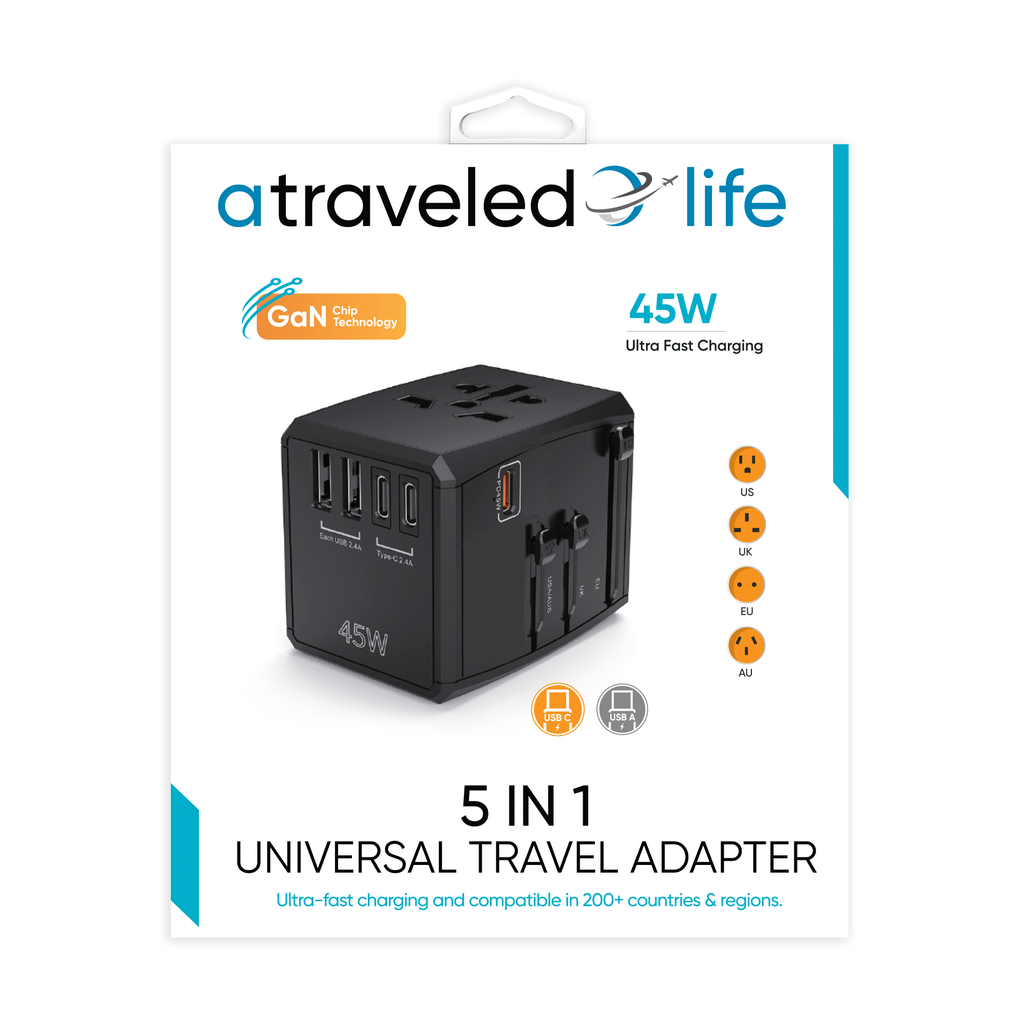 CL817- A Traveled Life Travel Adapter PD 45W - 2 USBA / 2 USBC