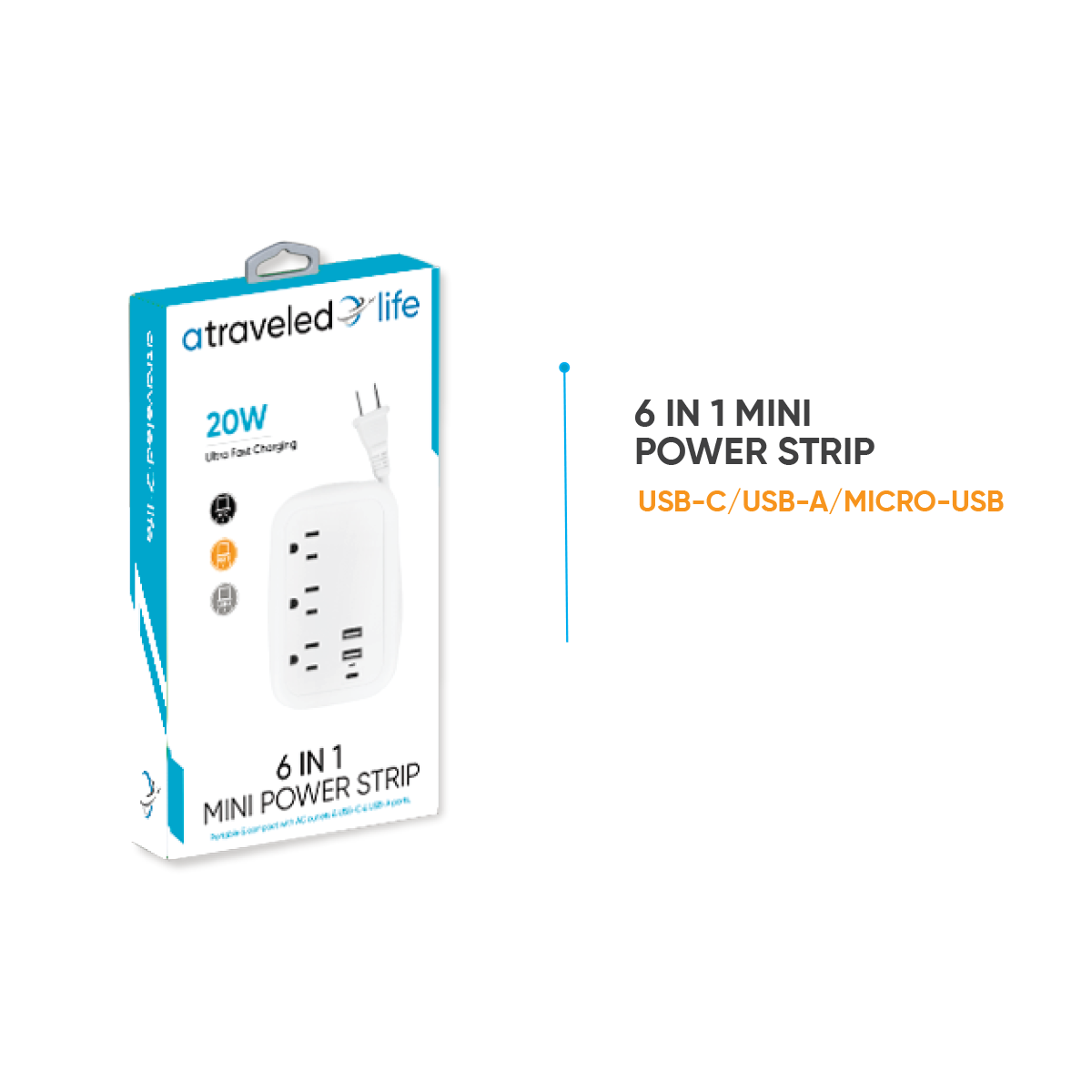 Portable USB-C Power Strip Flat Plug