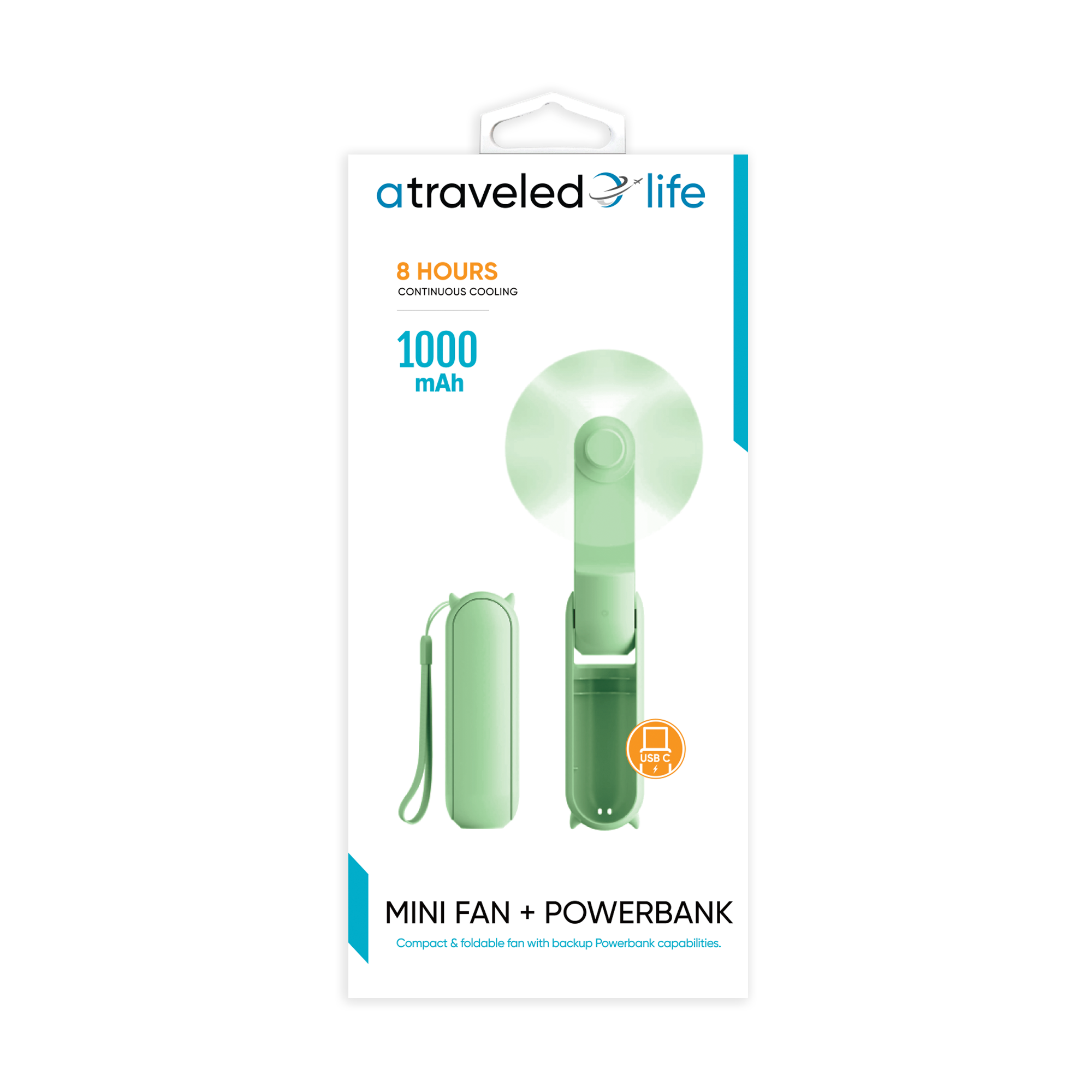 CL900 - A Traveled Life Fan Mini Foldable USB-C (Asst. Colors - Blue, Green, Pink, White)