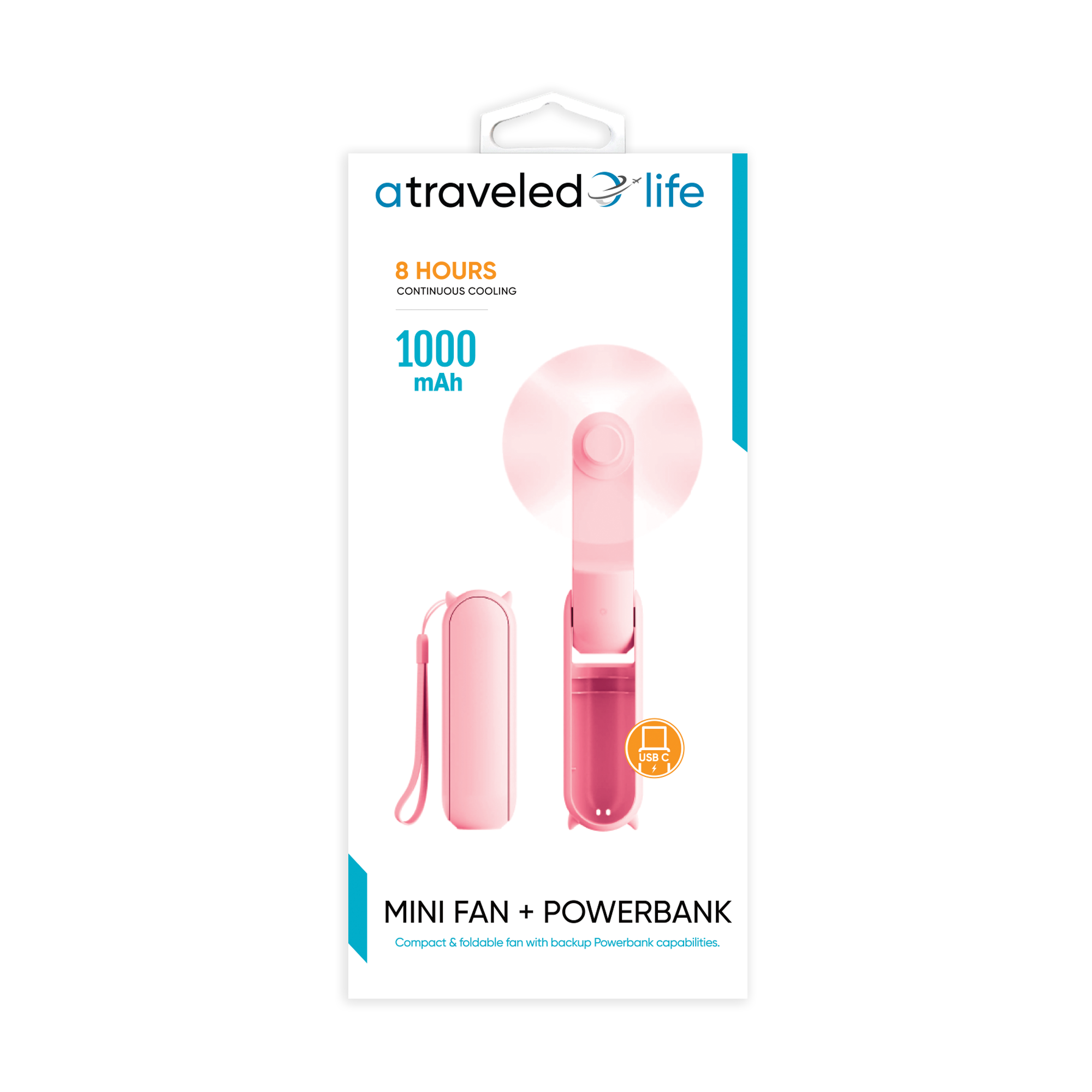 CL900 - A Traveled Life Fan Mini Foldable USB-C (Asst. Colors - Blue, Green, Pink, White)
