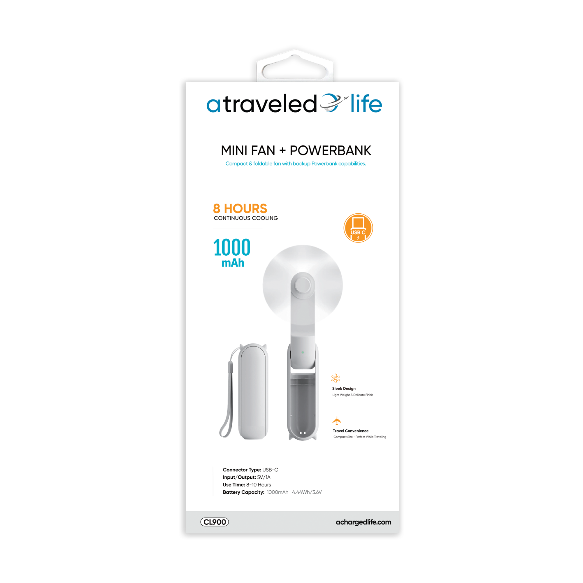 CL900 - A Traveled Life Fan Mini Foldable USB-C (Asst. Colors - Blue, Green, Pink, White)
