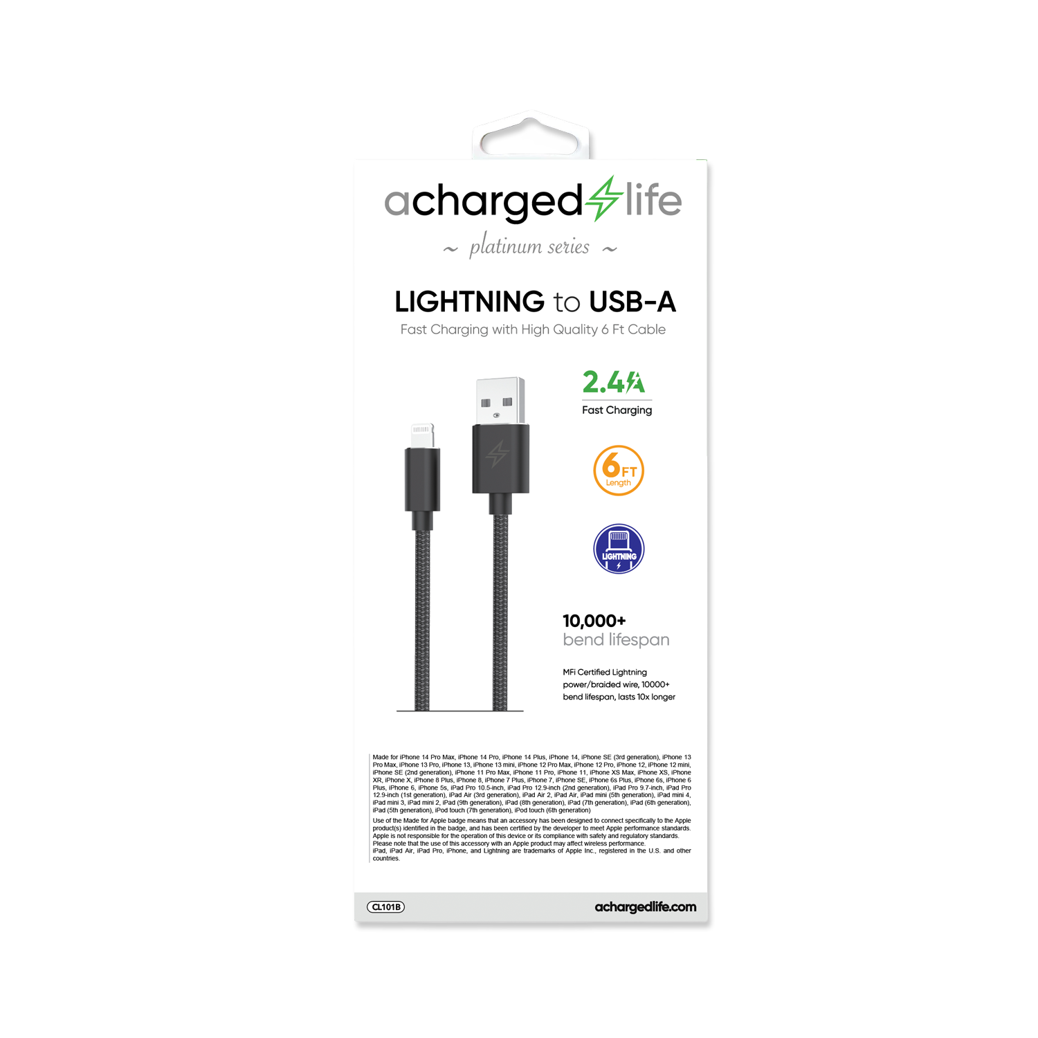 Charging Cable Lightning 6Ft (MFI) Black