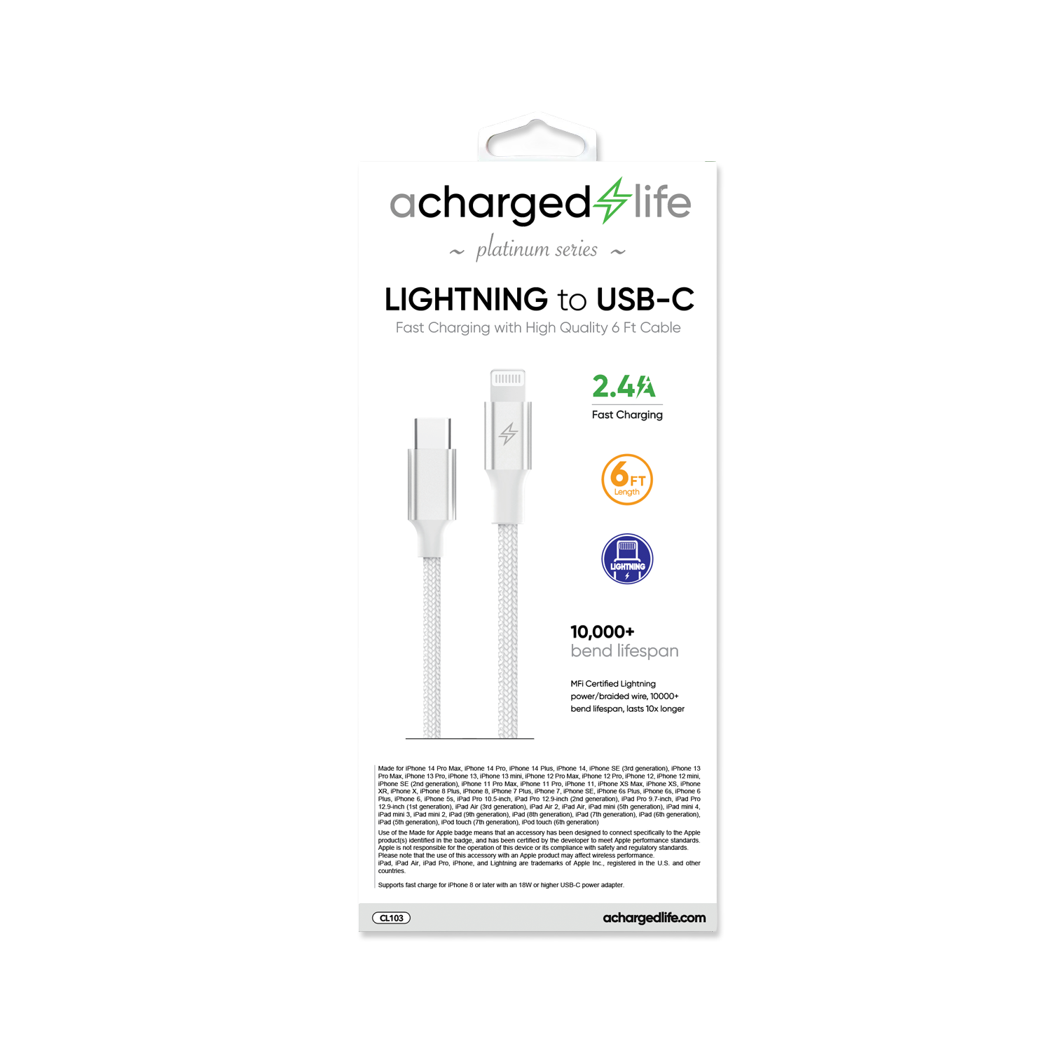 Charging Cable USB-C to Lightning 6Ft (MFI) White