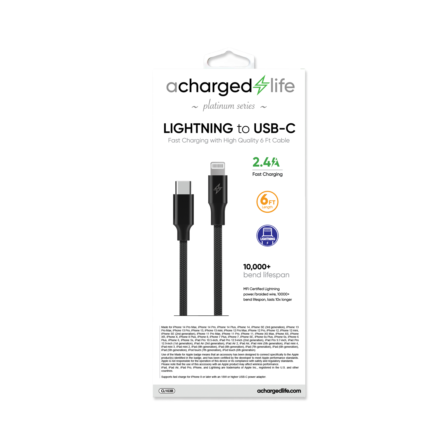 Charging Cable USB-C to Lightning 6Ft (MFI) Black