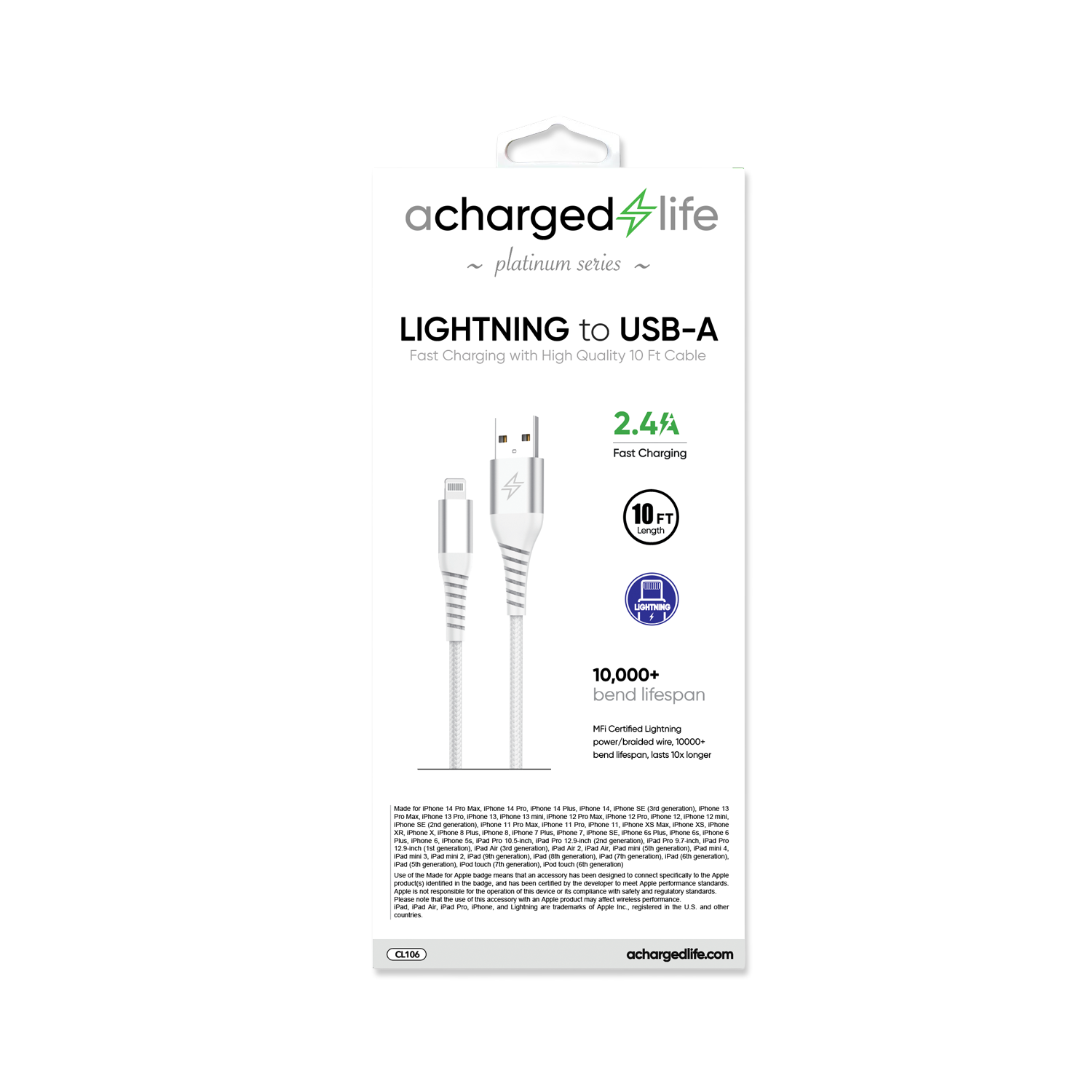 Charging Cable Lightning 10Ft (MFI) White
