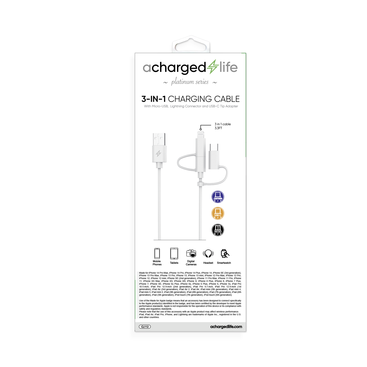 3-in-1 Cable 3.3Ft White (CL203)