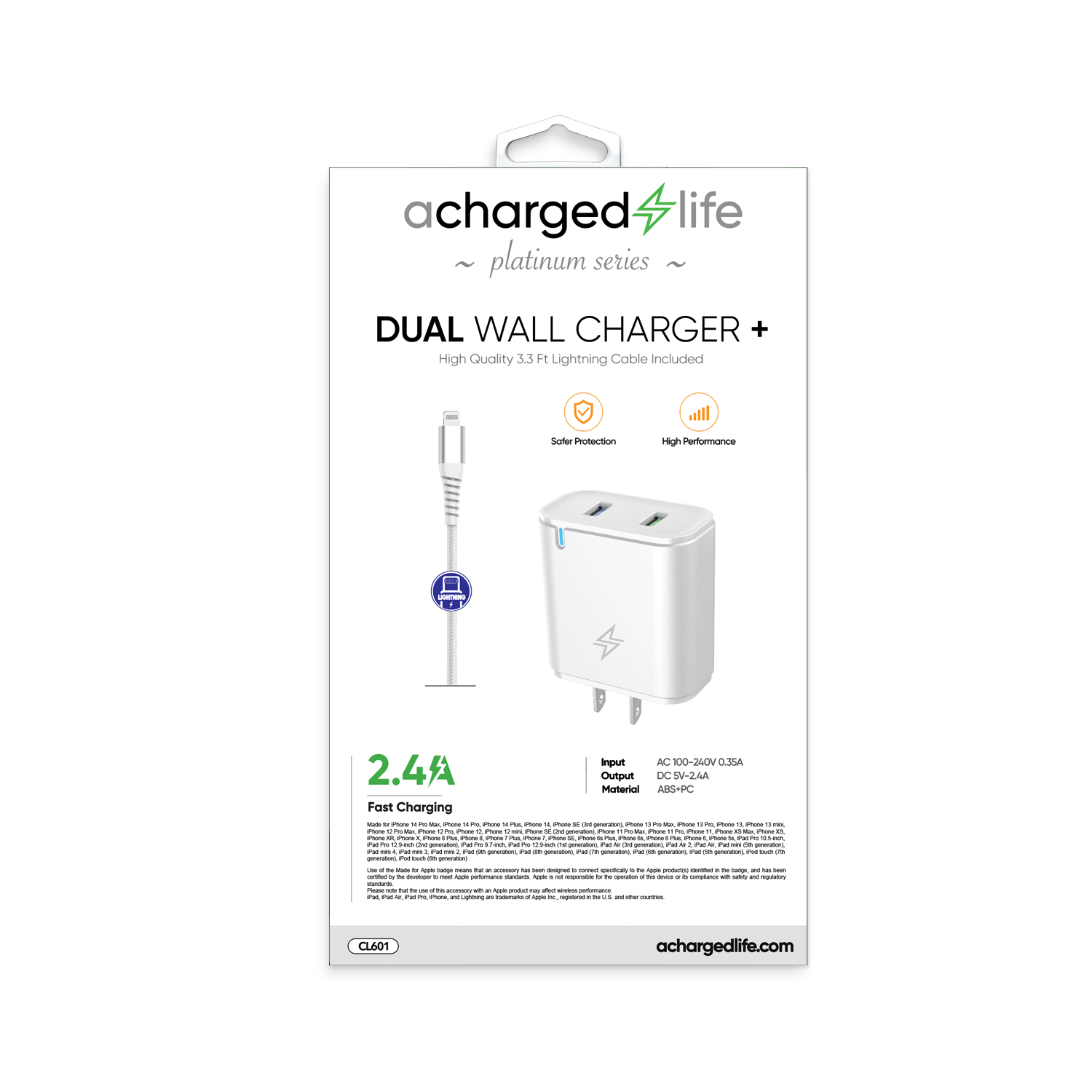 Cable Lightning 3.3Ft w/Wall Charger 2.4A (MFI) White