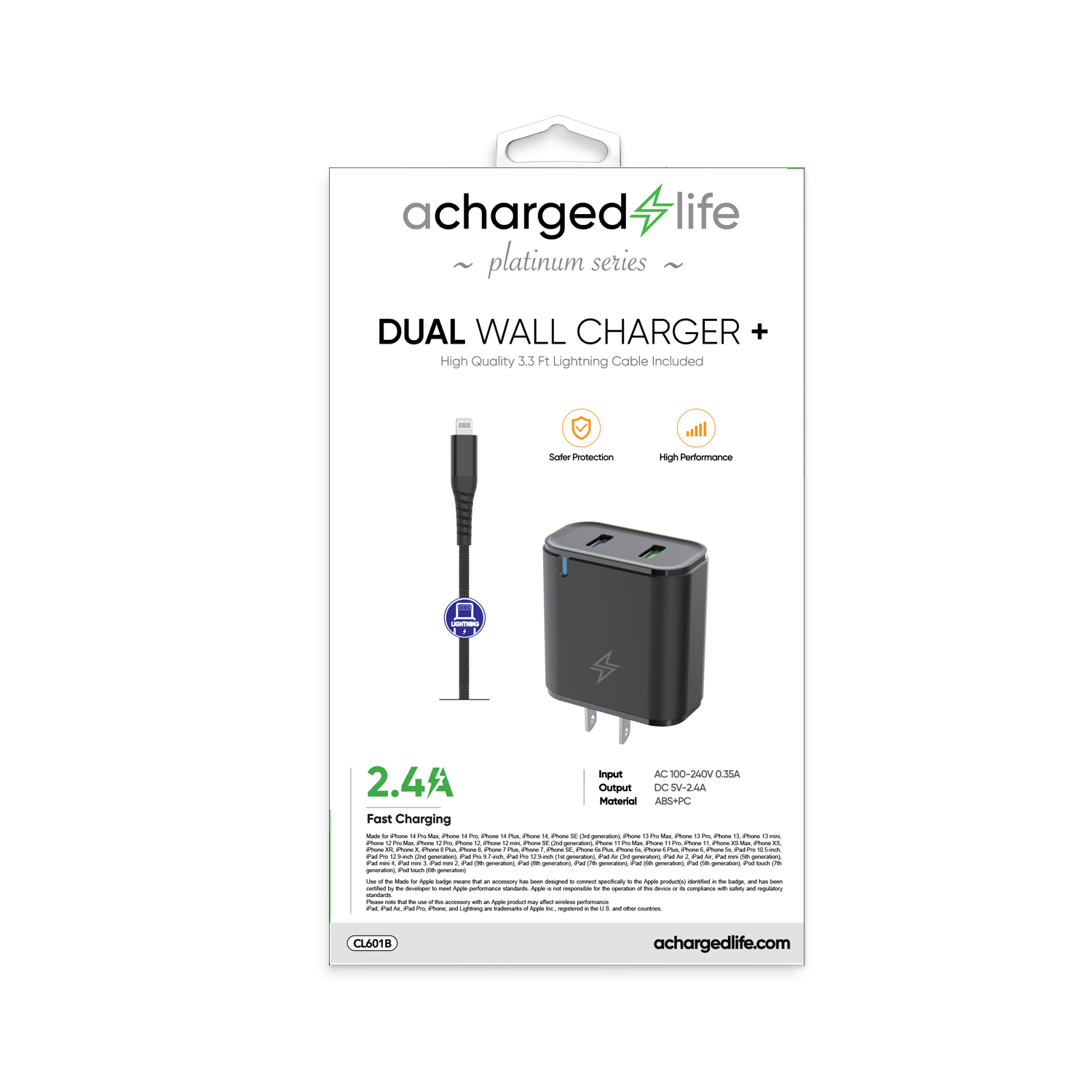 Cable Lightning 3.3Ft w/Wall Charger 2.4A (MFI) Black